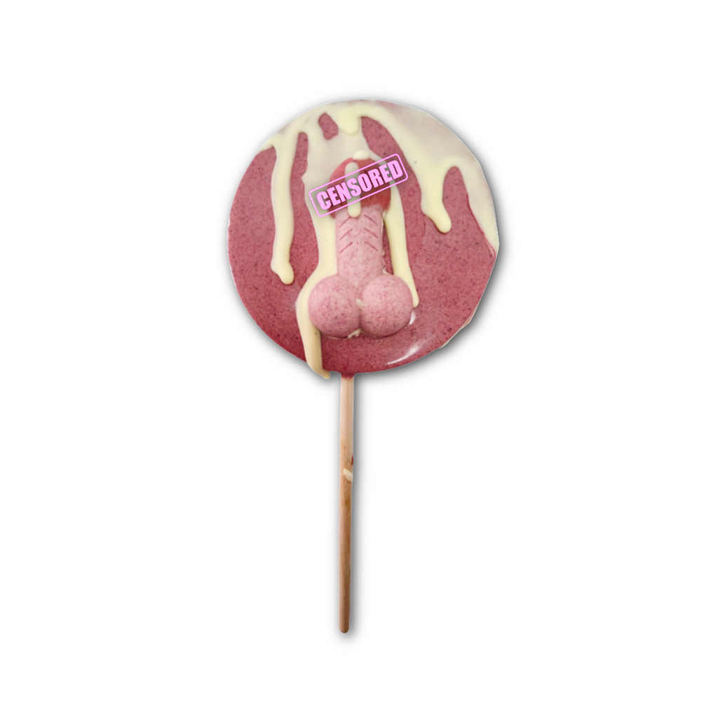 Pink lollipop with pink peen in the middle, and white drizzle, on a stick against a white background