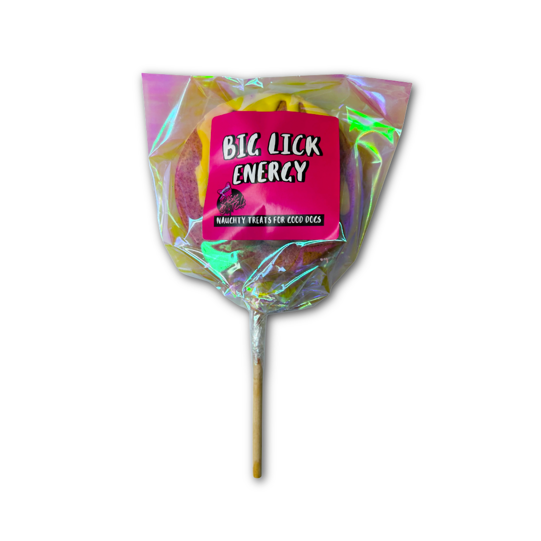 Lollipop with a sticker 'Big Lick Energy' in white font on a pink background, label in a holographic wrapper on a white background.