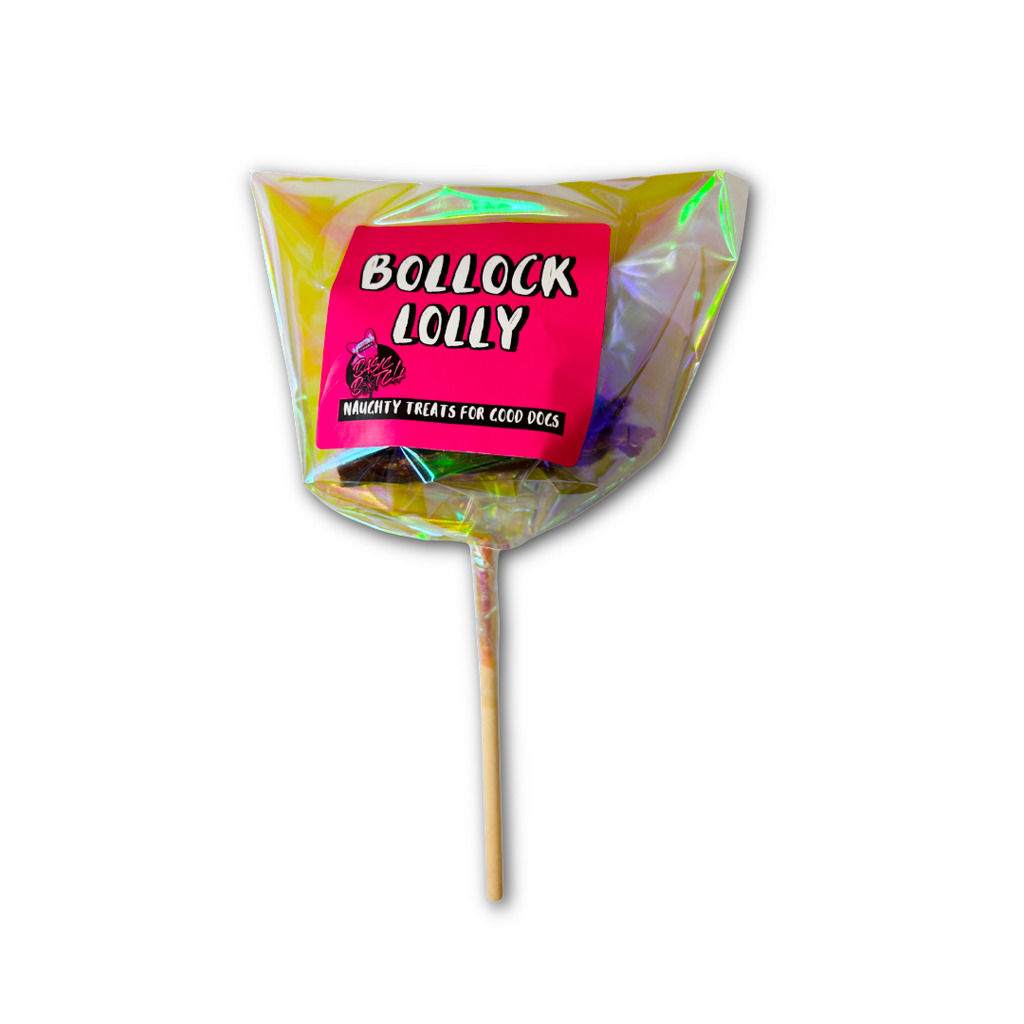 Lollipop with a holographic wrapper and pink label reading 'Bollock Lolly' on a white background.