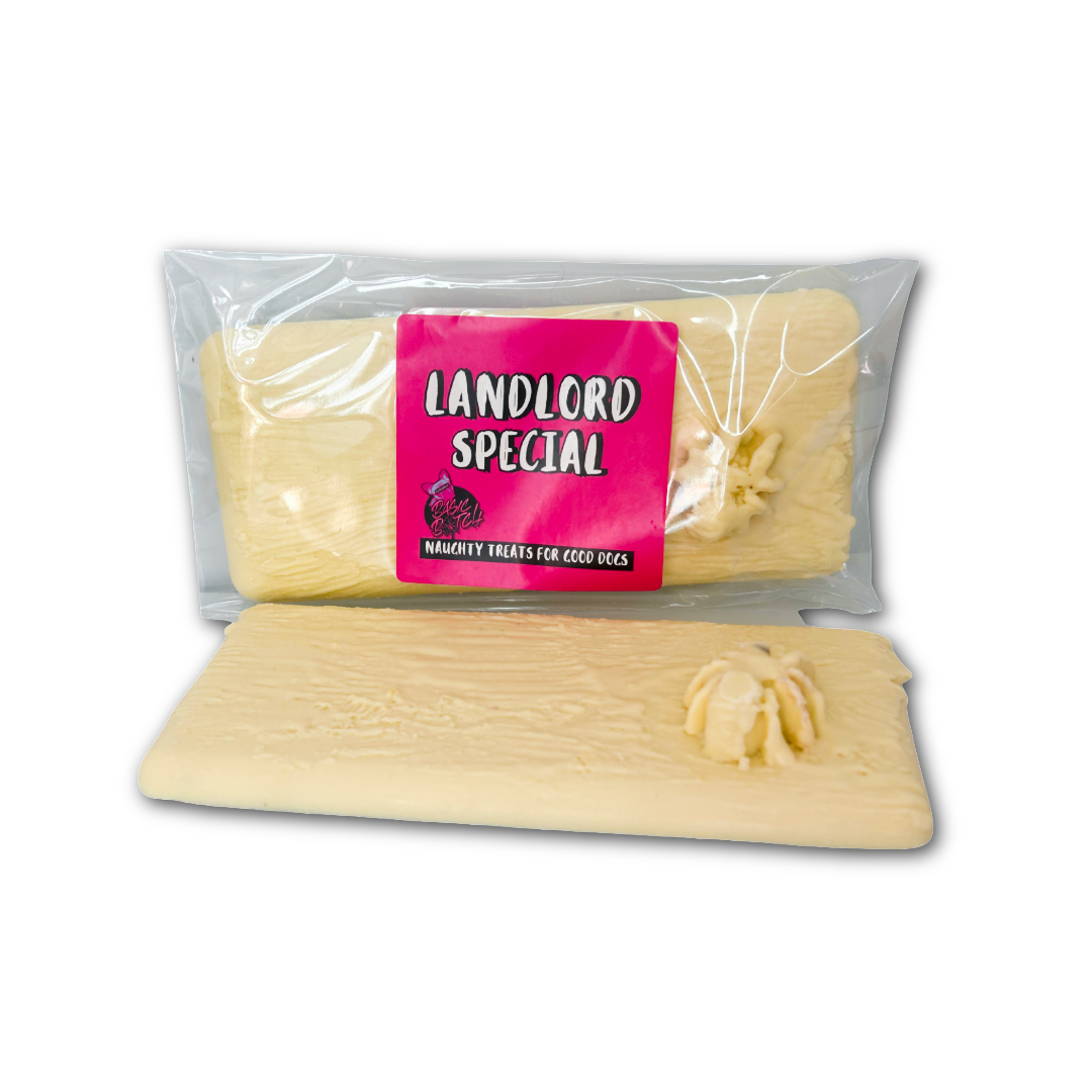 Packaged  white chocolate bar with white chocolate spider in the left bottom corner, treats with 'Landlord Special' in white writing on a pink label. Underneath, and unpackaged bar. On a white background.