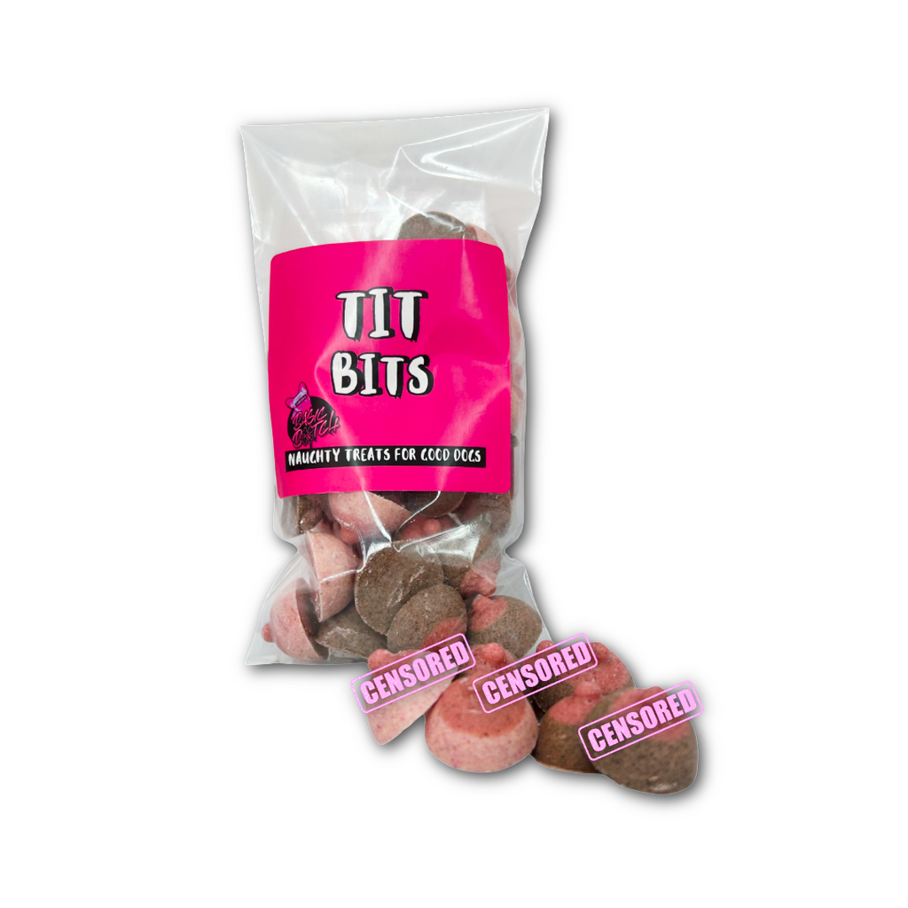 Package of pink sand brown mini boob shaped chocolates, with 'Tit Bits' in white writing on a pink sticker. Some of the chocolates are grouped together outside of the package. On a white background.